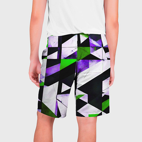 Мужские шорты Зелёно-фиолетовая абстракция на чёрно-белом фоне / 3D-принт – фото 2