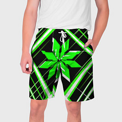 Шорты на шнурке мужские Зелёно-белая звезда и полосы на чёрном фоне, цвет: 3D-принт