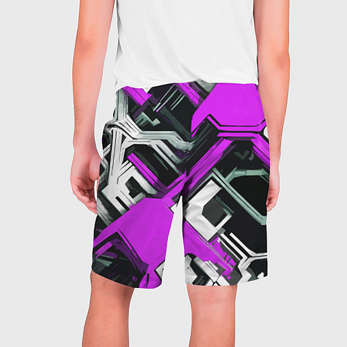 Мужские шорты Бело-фиолетовый техно паттерн на чёрном фоне / 3D-принт – фото 2