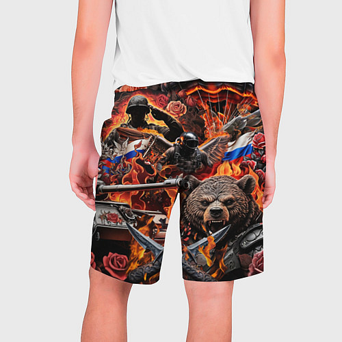 Мужские шорты Русский медведь воин на фоне военной техники / 3D-принт – фото 2