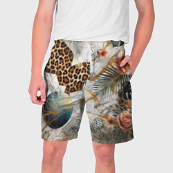 Шорты на шнурке мужские Мрамор с цветами и леопардовый узор, цвет: 3D-принт