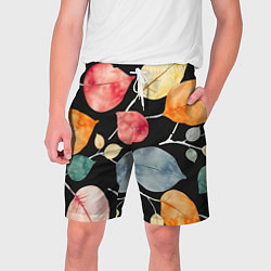 Шорты на шнурке мужские Разноцветные акварельные листья на чёрном, AI, цвет: 3D-принт