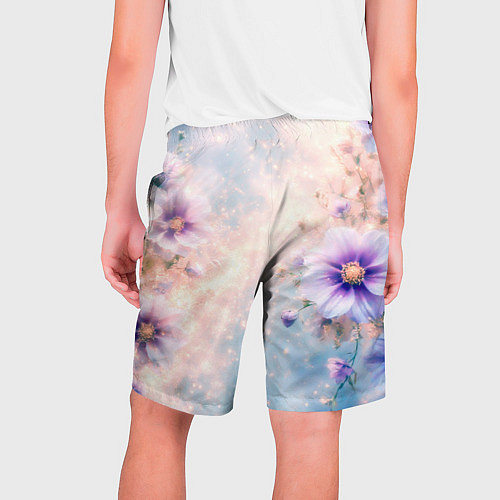 Мужские шорты Нежный голубой цветочный с золотистым свечением / 3D-принт – фото 2