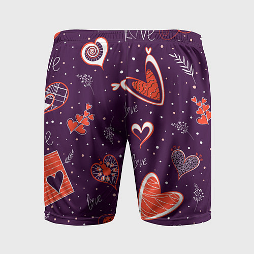 Мужские спортивные шорты Красно-белые сердечки и слово love на темно фиолет / 3D-принт – фото 2