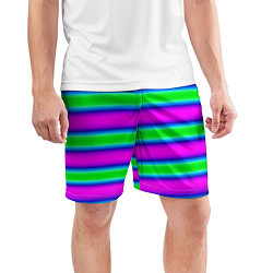 Шорты спортивные мужские Зеленый и фиолетовые яркие неоновые полосы striped, цвет: 3D-принт — фото 2