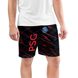 Шорты спортивные мужские Psg красные синие чёрточки, цвет: 3D-принт — фото 2