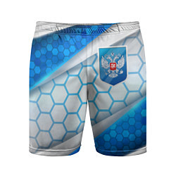 Шорты спортивные мужские Синий герб России на объемном фоне, цвет: 3D-принт