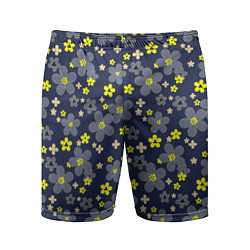 Шорты спортивные мужские Лимонного цвета цветы на серо-синем фоне, цвет: 3D-принт