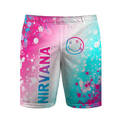 Мужские спортивные шорты Nirvana neon gradient style: надпись, символ