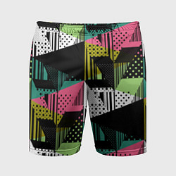 Шорты спортивные мужские Черный горошек и полосы на ярком геометрическом фо, цвет: 3D-принт