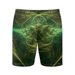 Шорты спортивные мужские Зелёно-жёлтый волнообразные линии во тьме, цвет: 3D-принт
