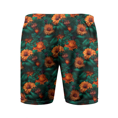 Мужские спортивные шорты Оранжевые цветы и зеленые листья / 3D-принт – фото 2