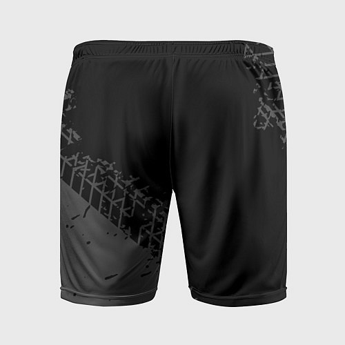 Мужские спортивные шорты Geely speed на темном фоне со следами шин: надпись / 3D-принт – фото 2