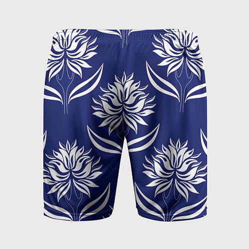 Мужские спортивные шорты Абстрактные белые лотосы на синем - паттерн / 3D-принт – фото 2