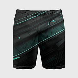 Шорты спортивные мужские Черные объемные полосы с бирюзовой абстракцией, цвет: 3D-принт