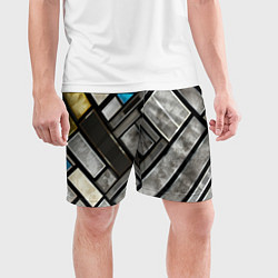 Шорты спортивные мужские Серые квадраты с голубой вставкой, цвет: 3D-принт — фото 2