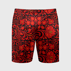 Мужские спортивные шорты Хохломская роспись красные цветы и ягоды на чёрном