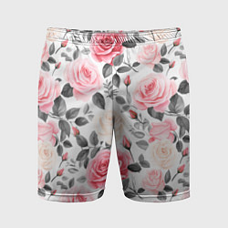 Мужские спортивные шорты Розовые розы и серые листочки - паттерн