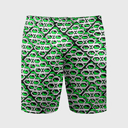 Шорты спортивные мужские Зелёно-белый узор на чёрном фоне, цвет: 3D-принт