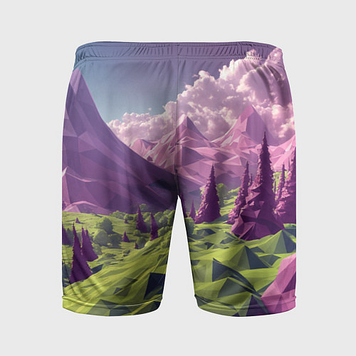 Мужские спортивные шорты Геометрический зеленый пейзаж и фиолетовые горы / 3D-принт – фото 2