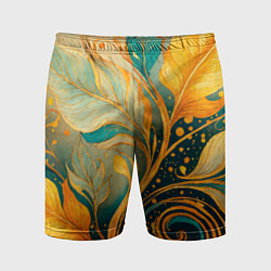 Шорты спортивные мужские Золотые и бирюзовые листья абстракция, цвет: 3D-принт