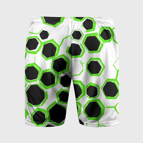 Мужские спортивные шорты Чёрно-зелёные шестиугольники на белом фоне / 3D-принт – фото 2