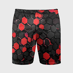 Мужские спортивные шорты Красно-серые шестиугольники на чёрном фоне