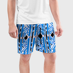 Шорты спортивные мужские Бело-синие техно полосы на чёрном фоне, цвет: 3D-принт — фото 2