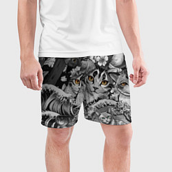Шорты спортивные мужские С котами и рыбой на фоне сакуры в волнах, цвет: 3D-принт — фото 2