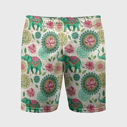 Шорты спортивные мужские Слоны и мандалы паттерн в индийской стилистике, цвет: 3D-принт