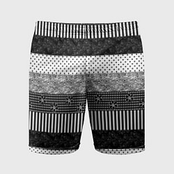 Шорты спортивные мужские Черно белый полосатый узор из лоскутов, цвет: 3D-принт