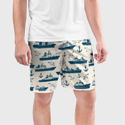 Шорты спортивные мужские Морской паттерн из чаек, якорей и кораблей, цвет: 3D-принт — фото 2