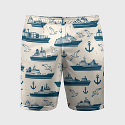 Шорты спортивные мужские Морской паттерн из чаек, якорей и кораблей, цвет: 3D-принт