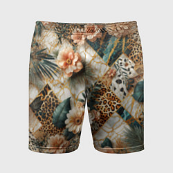 Мужские спортивные шорты Цветы на кусках мрамора и леопардовом узоре