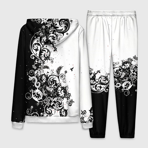 Мужской костюм Черно-белая птица среди узорчатых цветов / 3D-Белый – фото 2