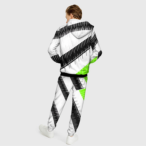 Мужской костюм Диагональные чёрно-белые полосы на зелёном фоне / 3D-Черный – фото 4
