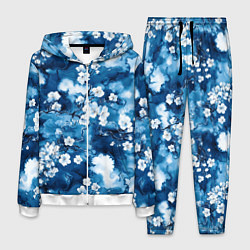 Костюм мужской Цветы белой сакуры - паттерн на синем фоне, цвет: 3D-белый