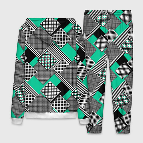 Мужской костюм Черно бирюзовая абстрактная геометрия пэчворк / 3D-Белый – фото 2