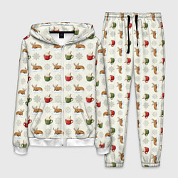 Костюм мужской Зимний паттерн с оленем и чашками какао, цвет: 3D-белый