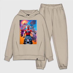 Мужской костюм оверсайз Арнольд Шварценеггер на мотоцикле - нейросеть, цвет: миндальный