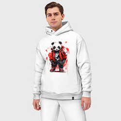 Мужской костюм оверсайз Модная панда в красной куртке, цвет: белый — фото 2
