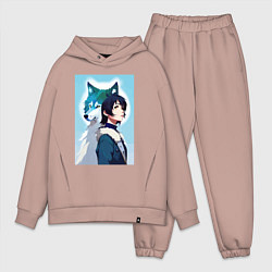 Мужской костюм оверсайз Мечтательная девчонка и волк - нейроарт, цвет: пыльно-розовый
