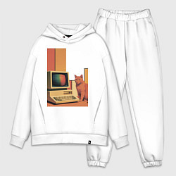 Мужской костюм оверсайз Рыжий кот сидит у старого компьютера ретро поп-арт