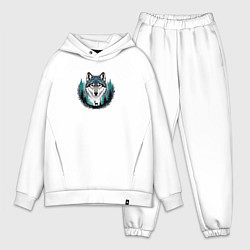 Мужской костюм оверсайз Голова волка над лесом и силуэт оленя