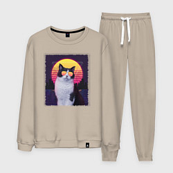 Костюм хлопковый мужской Synthwave cat, цвет: миндальный