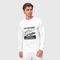 Костюм хлопковый мужской I are programmer beep boop Кот программист, цвет: белый — фото 2