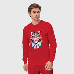 Костюм хлопковый мужской Акварельный рыжий тигр с голубым бантом, цвет: красный — фото 2