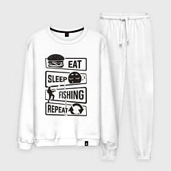 Костюм хлопковый мужской Eat sleep fishing repeat, цвет: белый