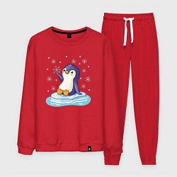 Костюм хлопковый мужской Пингвин на льдине, цвет: красный
