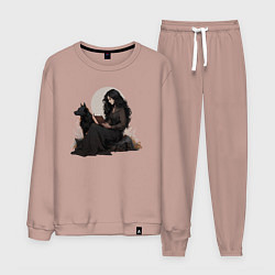 Костюм хлопковый мужской Фентези девушка с волком читает книгу, цвет: пыльно-розовый